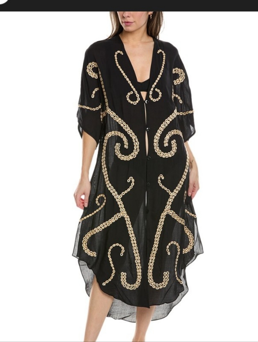 NWT VIX Paula Hermanny Solid Braid Detail Long Caftan Cover Up - Black - Size S